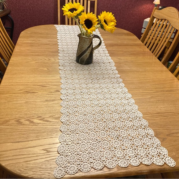 Crocheted Table Runner Handmade Cream Ecru 64” X 15” Clean Floral Large Grandma - Picture 1 of 9